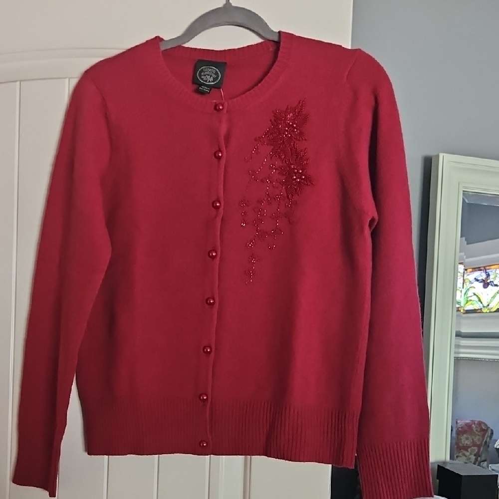 NWT Laura Ashley Red Lambswool & Angora Cardigan Size M